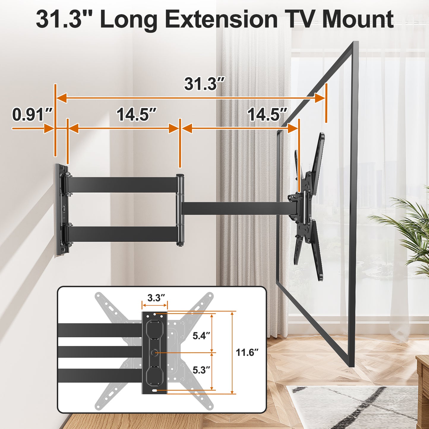 ELIVED 31.3 Inch Long Arm TV Mount for Most 32-65 Inch TVs YD1035