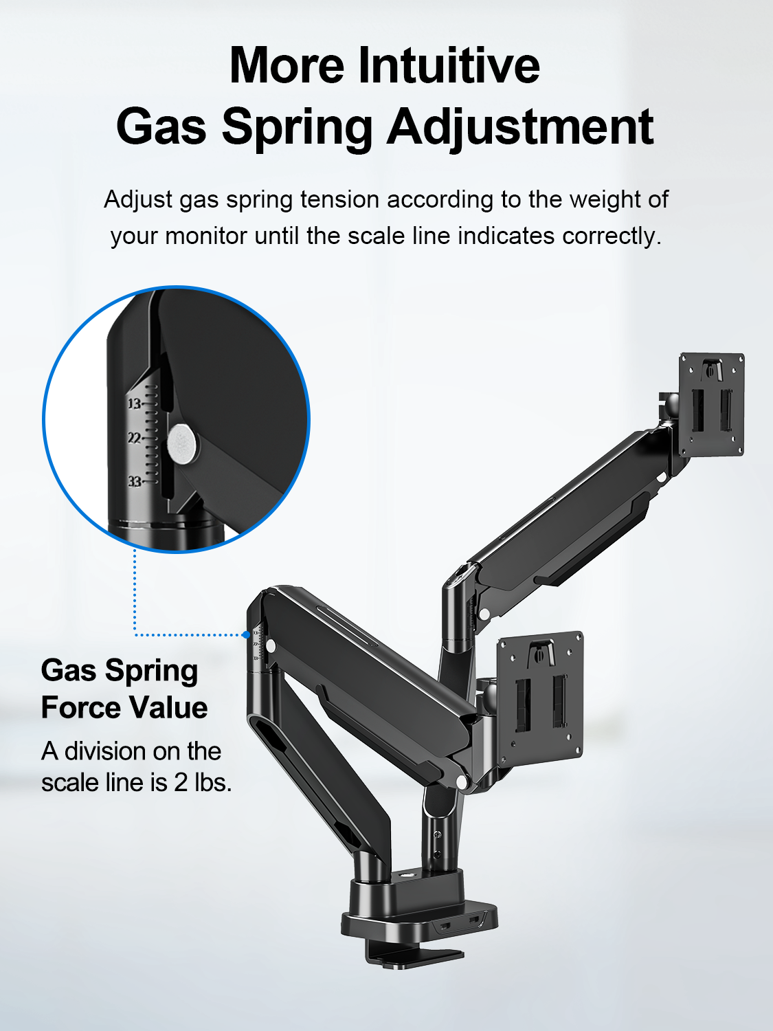 ErgoFocus Dual Monitor Mount Fits Max 39" Computer Screen, Hold 4.4-33 lbs Each Ultrawide Desk Mount, Adjustable Gas Spring Double Monitor Arm, Monitor Stand for 2 Monitors with USB, VESA