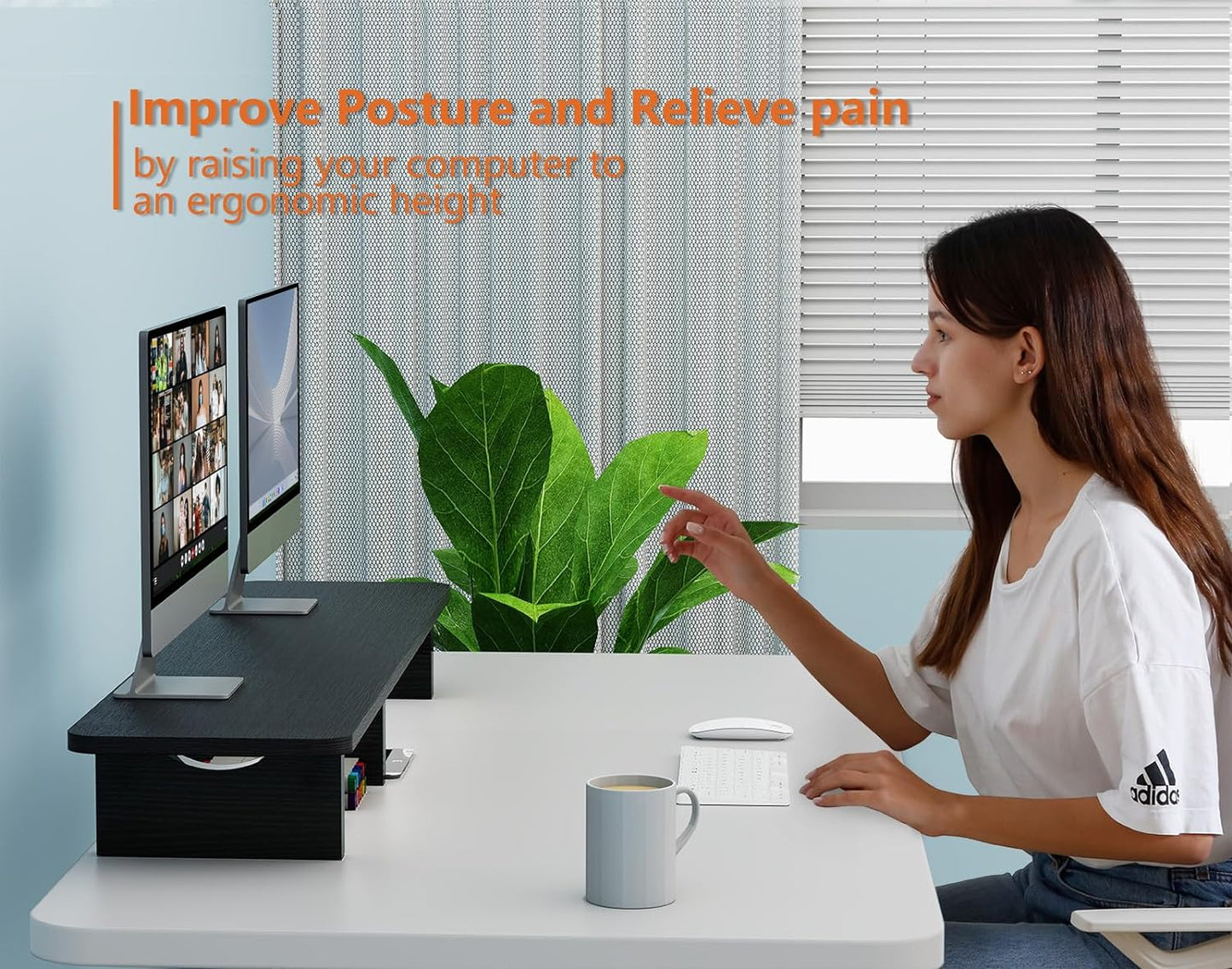 Ergofoucs Dual Monitor Stand, 39 inch Large Monitor Stand Riser for 2 Monitors, Wood Computer Monitor Stand for Desk with Storage Space for Office Assessories