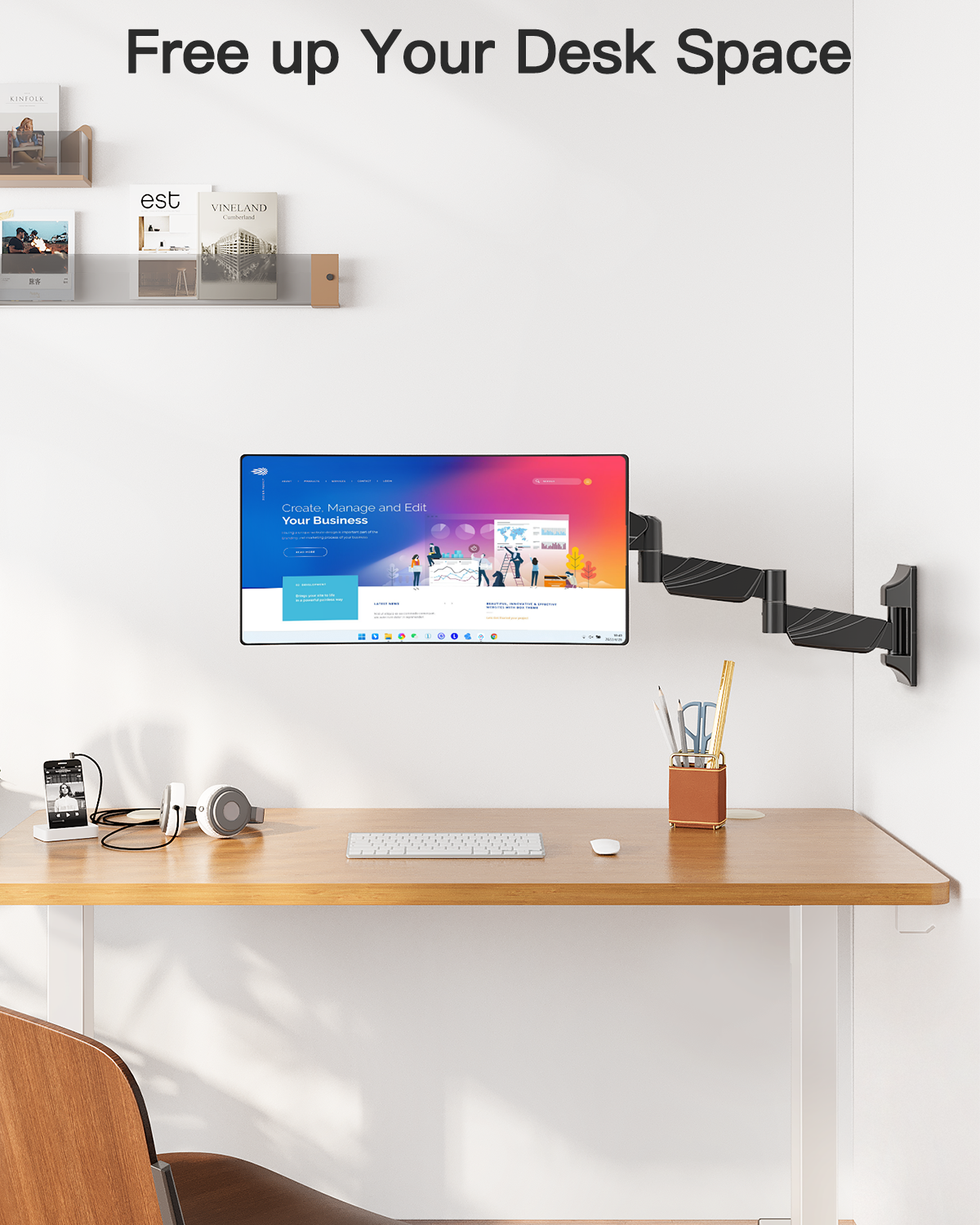 ErgoFocus Long Arm Monitor Wall Mount for Max 32 inch Computer Screen, Extra Long Adjustable Single Wall Mount Monitor Arm, Full Motion Vesa Wall Bracket 100x100, Hold up to 17.6lbs, Black