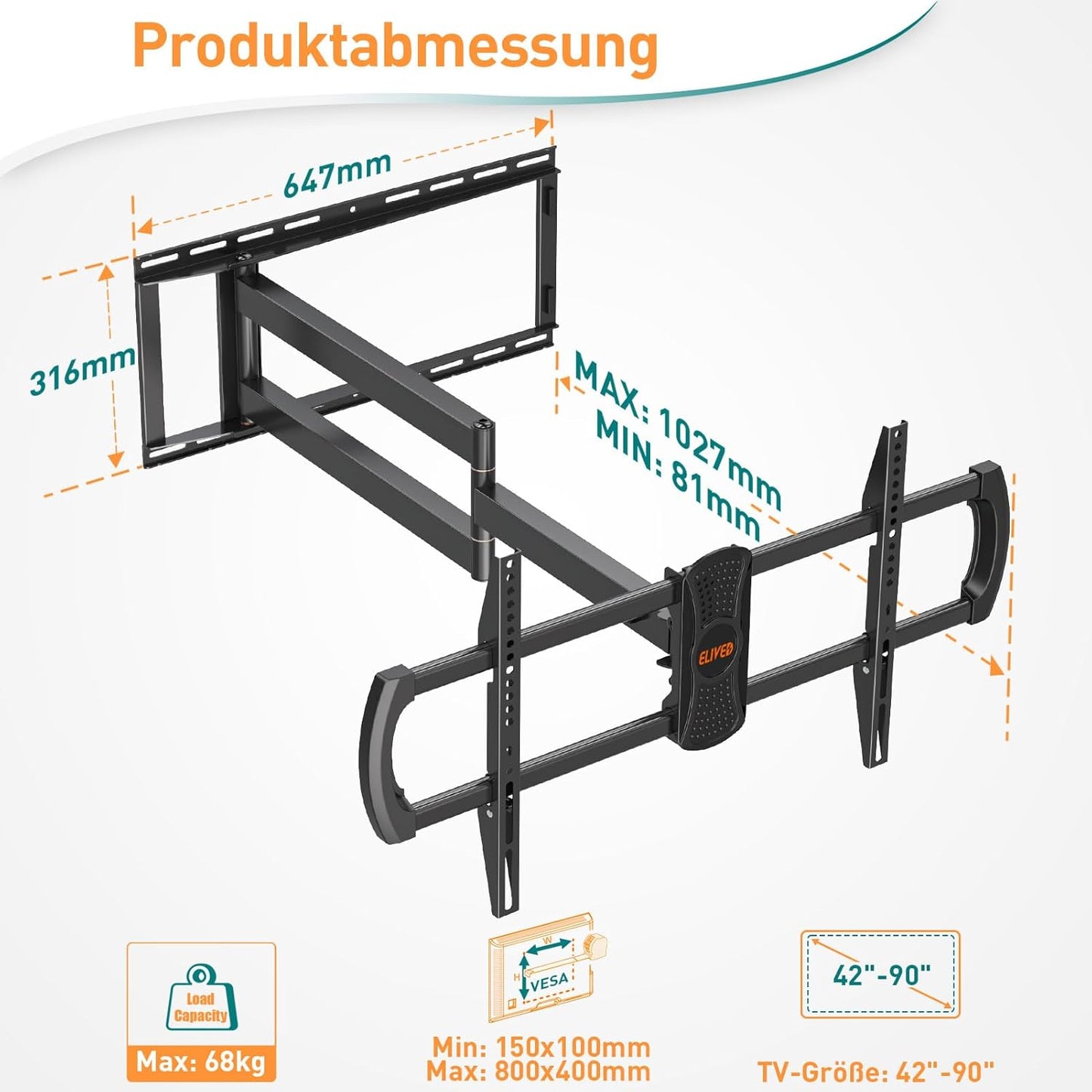 ELIVED TV Wandhalterung mit 1027mm Extra Langer Arm für die meisten 42-90 Zoll Fernseher bis 68KG, Schwenkbar Arm 1m 100cm 1000mm, Neigbare TV Halterung, Max. VESA 800x400mm, EV3029