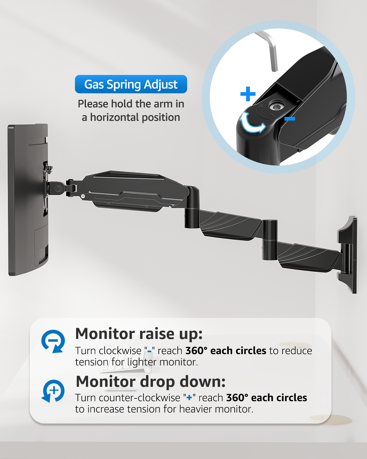 ErgoFocus Long Arm Monitor Wall Mount for Max 32 inch Computer Screen, Extra Long Adjustable Single Wall Mount Monitor Arm, Full Motion Vesa Wall Bracket 100x100, Hold up to 17.6lbs, Black