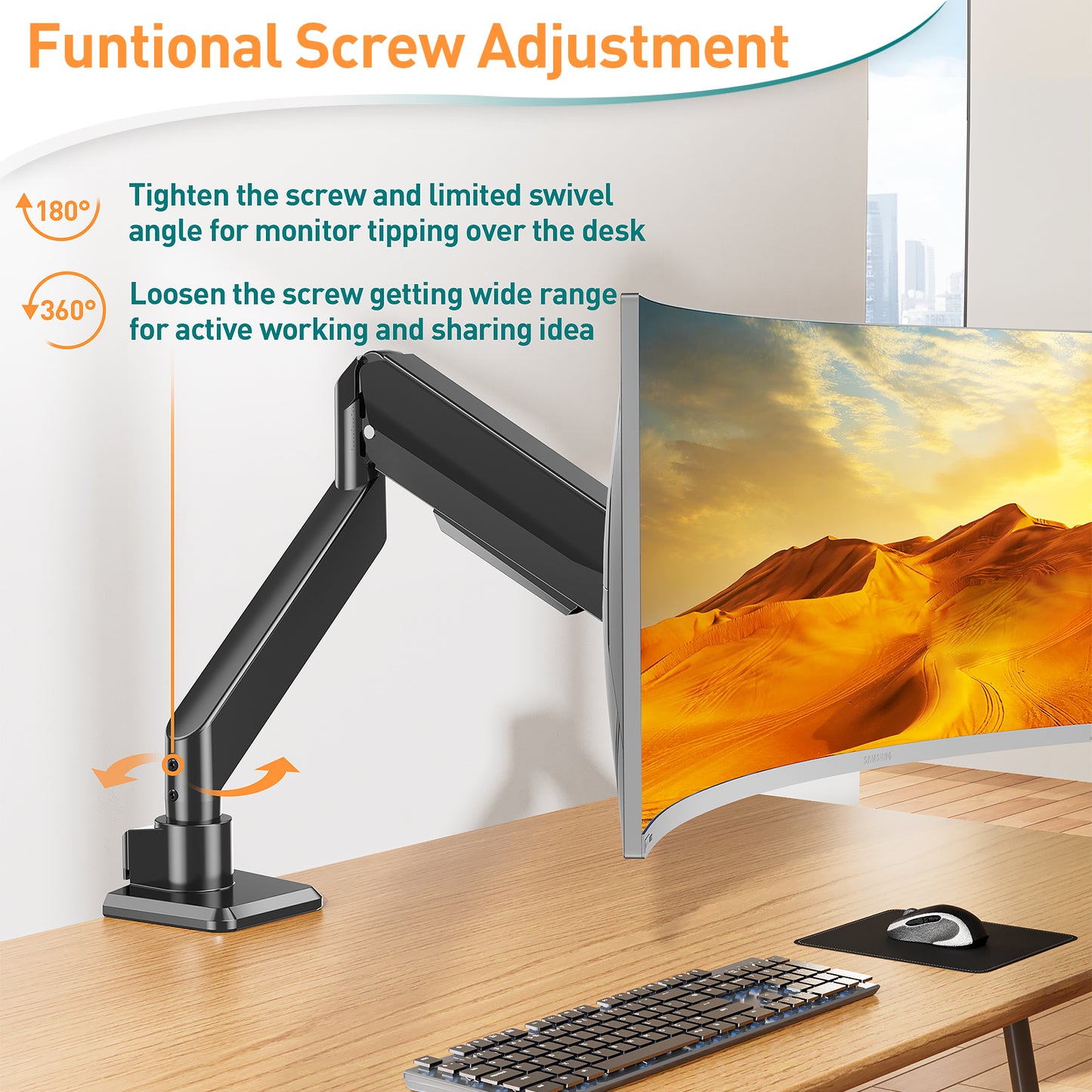 ELIVED Ultrawide Monitor Arm for Max 49 Inch Screen, Heavy Duty Monitor Desk Mount Support 2-20kg, Gas Spring Computer Stand, VESA 75 & 100mm with Clamp & Grommet Base, EV3227