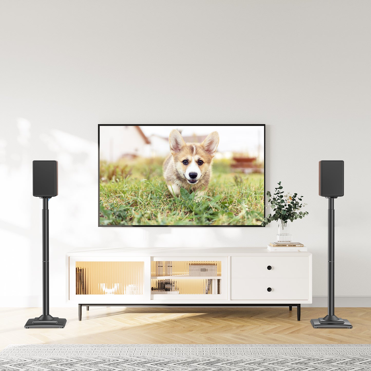 ELIVED Speaker Stands Height-Adjustable for Satellites up to 5 kg, Set of 2 Floor Stands, Universal Compatible with Samsung Sony, Holds Satellite & Small Bookshelf Speakers, Black EV5032