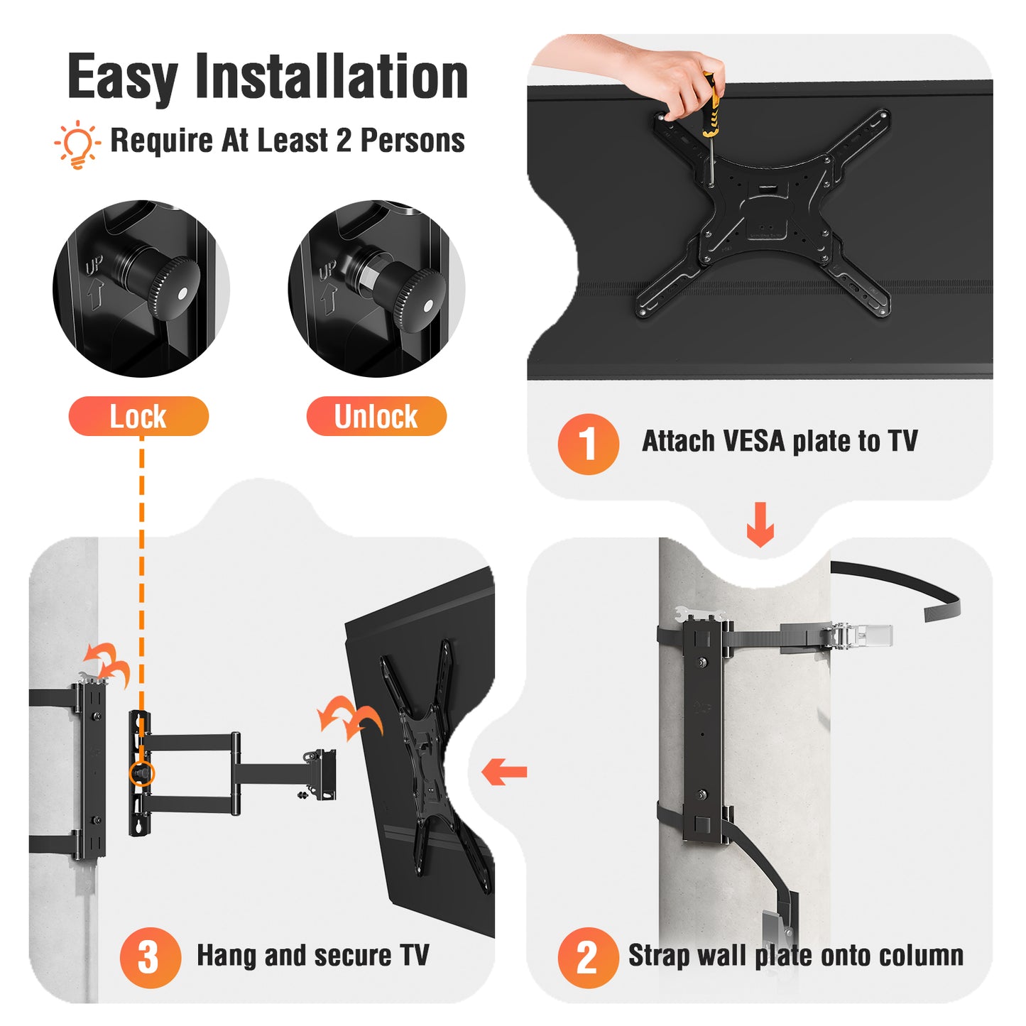 ELIVED Pillar TV Mount for Most 26"-60" TVs, Column TV Mount for Gazebo Patio Pergola, No Drill Full Motion tv Bracket Swivel and Tilt, Fits Multi-Shaped Poles, Max VESA 400x400mm, 77 Lbs. YD0084