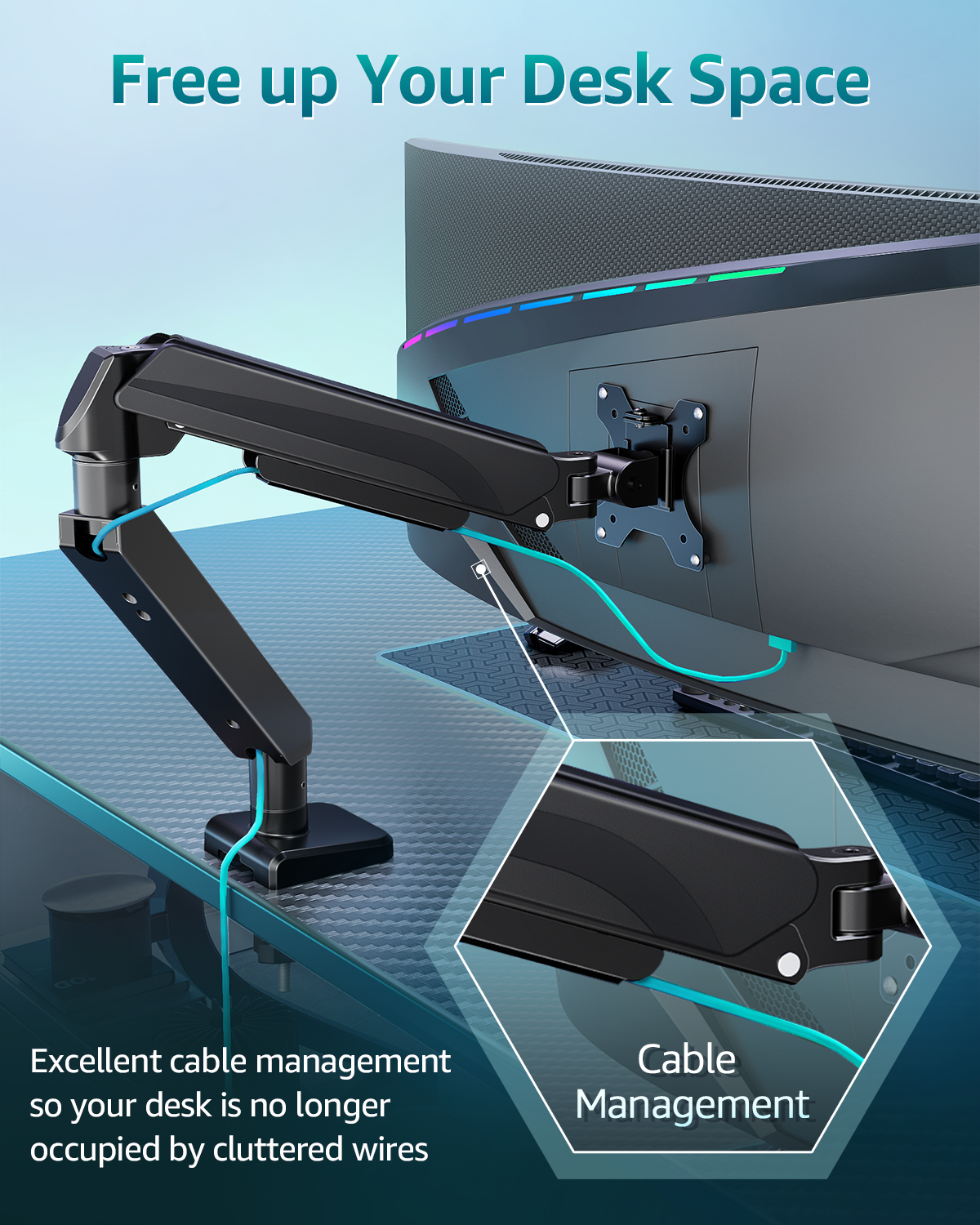 ErgoFocus Heavy Duty Single Monitor Arm for Max 42 Inch Screens, Monitor Mount for Desk Supports 4.4-33 lbs, Height Adjustable Ultrawide Monitors Stand with C-Clamp & Grommet Base, VESA Mount 70/100
