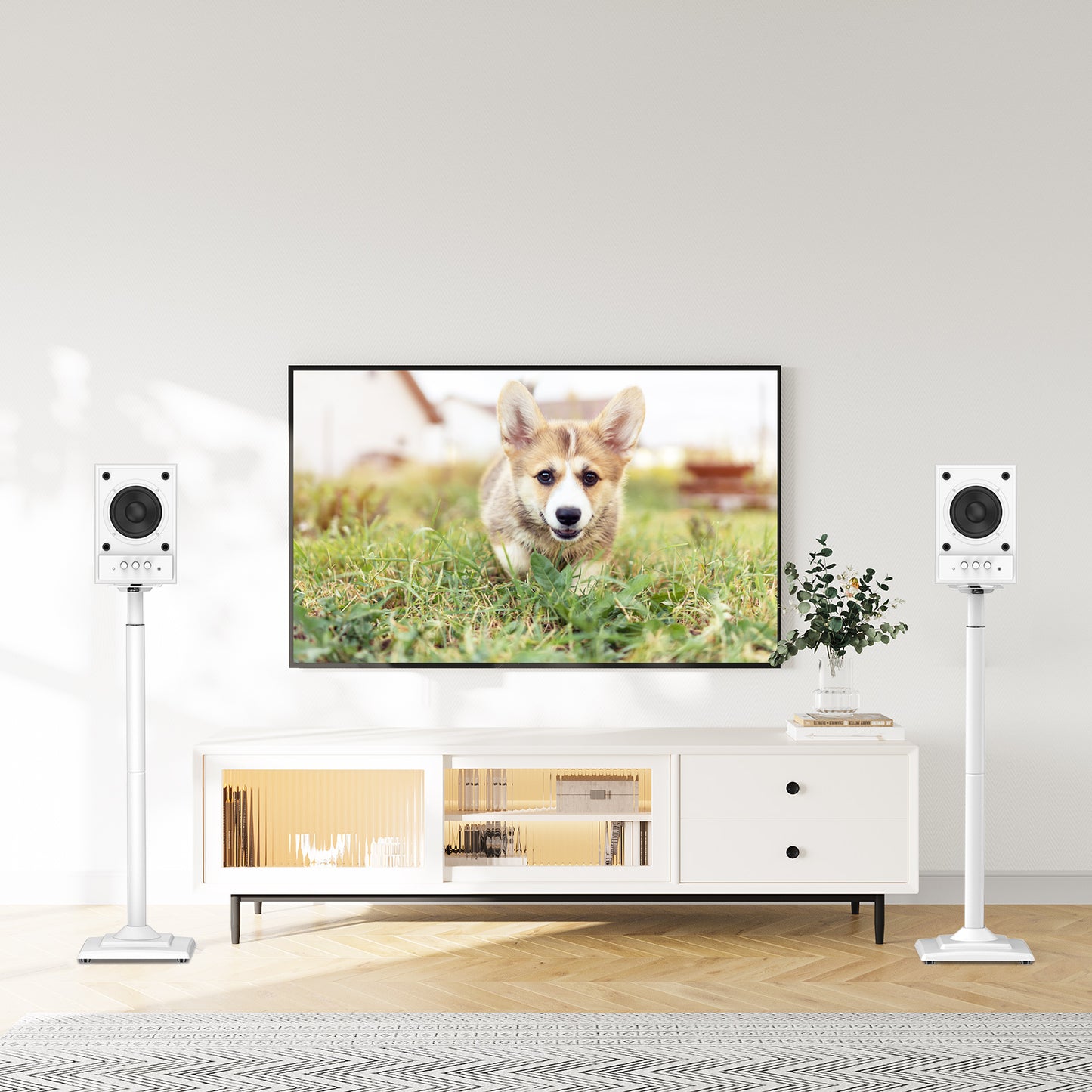 ELIVED Speaker Stands Height-Adjustable for Satellites up to 5 kg, Set of 2 Floor Stands, Universal Compatible with Samsung Sony, Holds Satellite & Small Bookshelf Speakers, White EV5032W