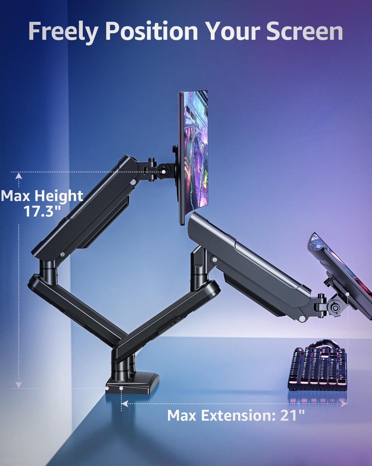 HOMOUNT Dual Monitor Mount for 13-32 inch Screens, Gas Spring Monitor Stand for 2 Monitor, Full Adjustable Monitors Desk Mount with C-Clamp&Grommet Base, Each Arm Holds Max 22 lbs
