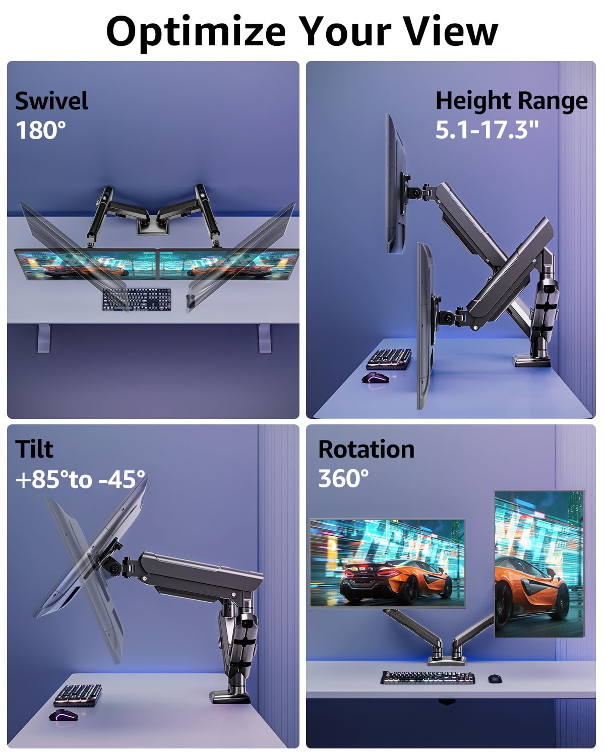 HOMOUNT Dual Monitor Mount for 13-32 inch Screens, Gas Spring Monitor Stand for 2 Monitor, Full Adjustable Monitors Desk Mount with C-Clamp&Grommet Base, Each Arm Holds Max 22 lbs