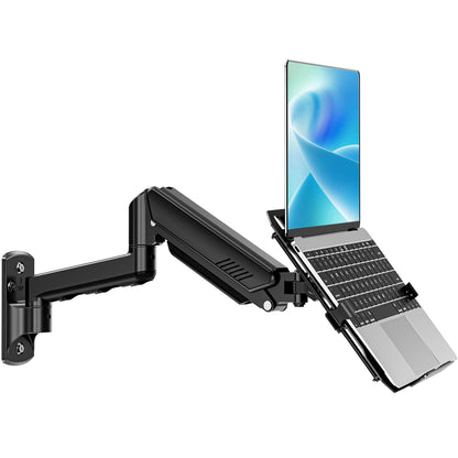 ErgoFocus Laptop Wall Mount, 2-in-1 Monitor Wall Mount with Vented Tray fits Max 17" Notebook or 13-32" Computer Screen, Adjustable Laptop Arm Holds 4.4-22lbs, Gas Spring Laptop Holder Stand