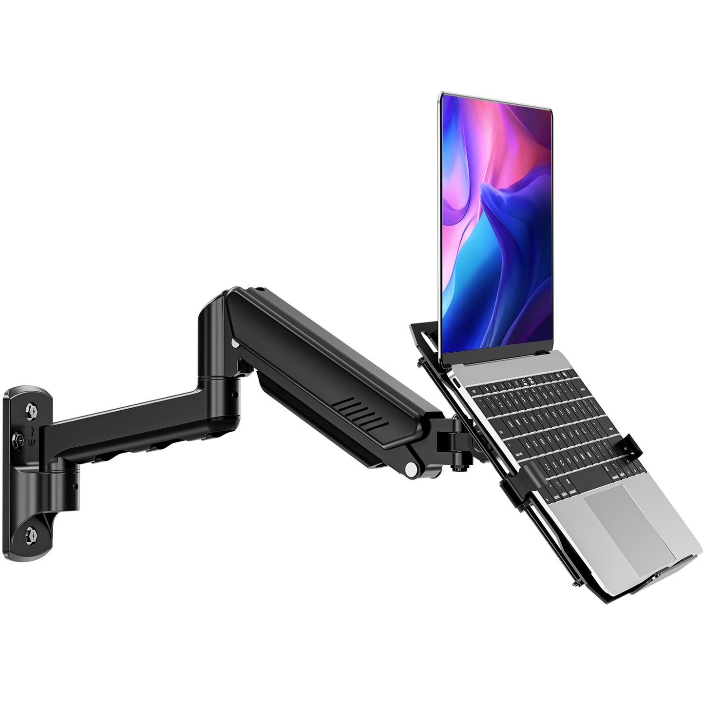 ErgoFocus Laptop Wall Mount, 2-in-1 Monitor Wall Mount with Vented Tray fits Max 17" Notebook or 13-32" Computer Screen, Adjustable Laptop Arm Holds 4.4-22lbs, Gas Spring Laptop Holder Stand