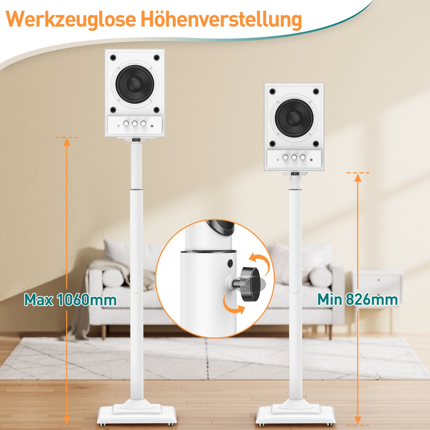 ELIVED Universal Lautsprecherständer höhenverstellbar bis 106cm, Boxenständer mit interner Kabelkanal für Regallautsprecher, 5kg Tragkraf, Weiß, 1 Paar