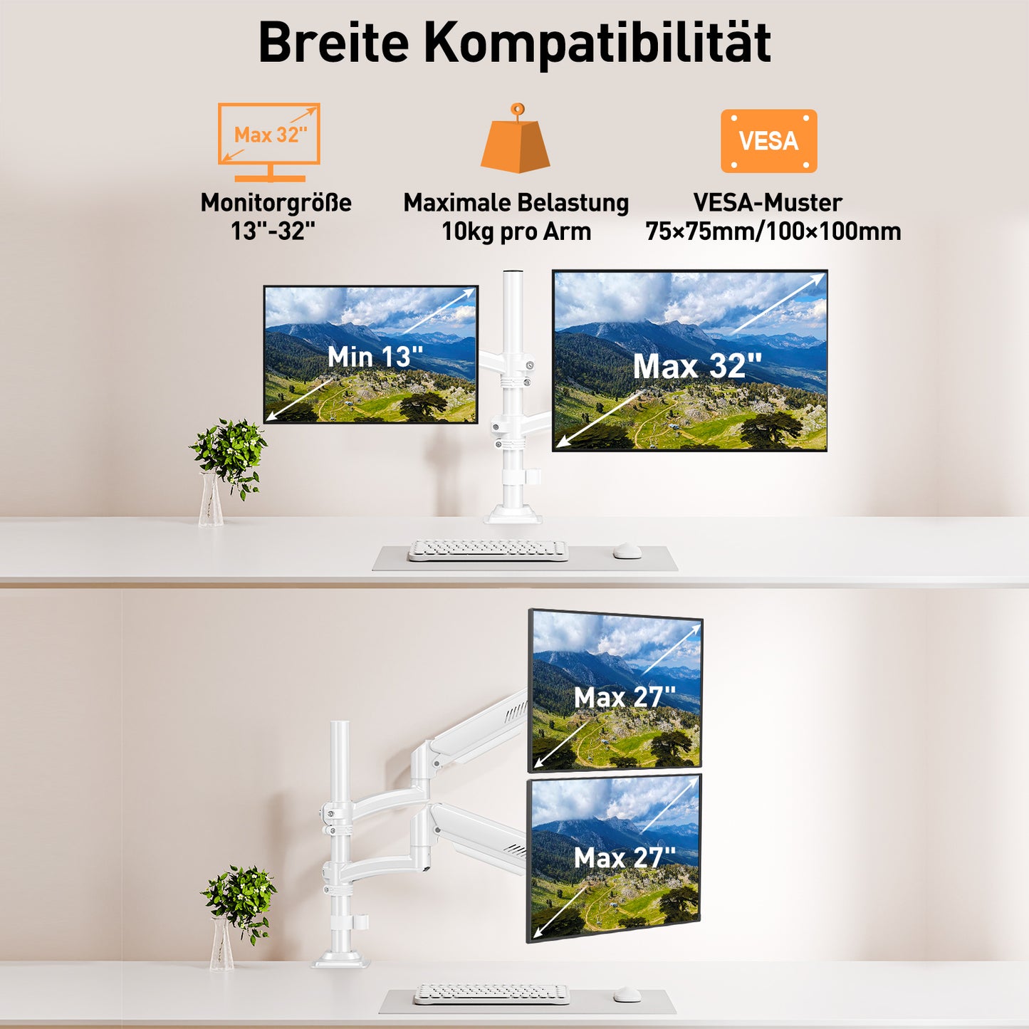 ELIVED Monitor Halterung 2 Monitore für 13-32" Bildschirme, Monitor Arm hält 2-10 kg Monitor mit VESA 75/100mm, Höhenverstellbare Dual Monitorarm mit Neigbar, Schwenkbar, Drehbar, Weiß, EV6034W