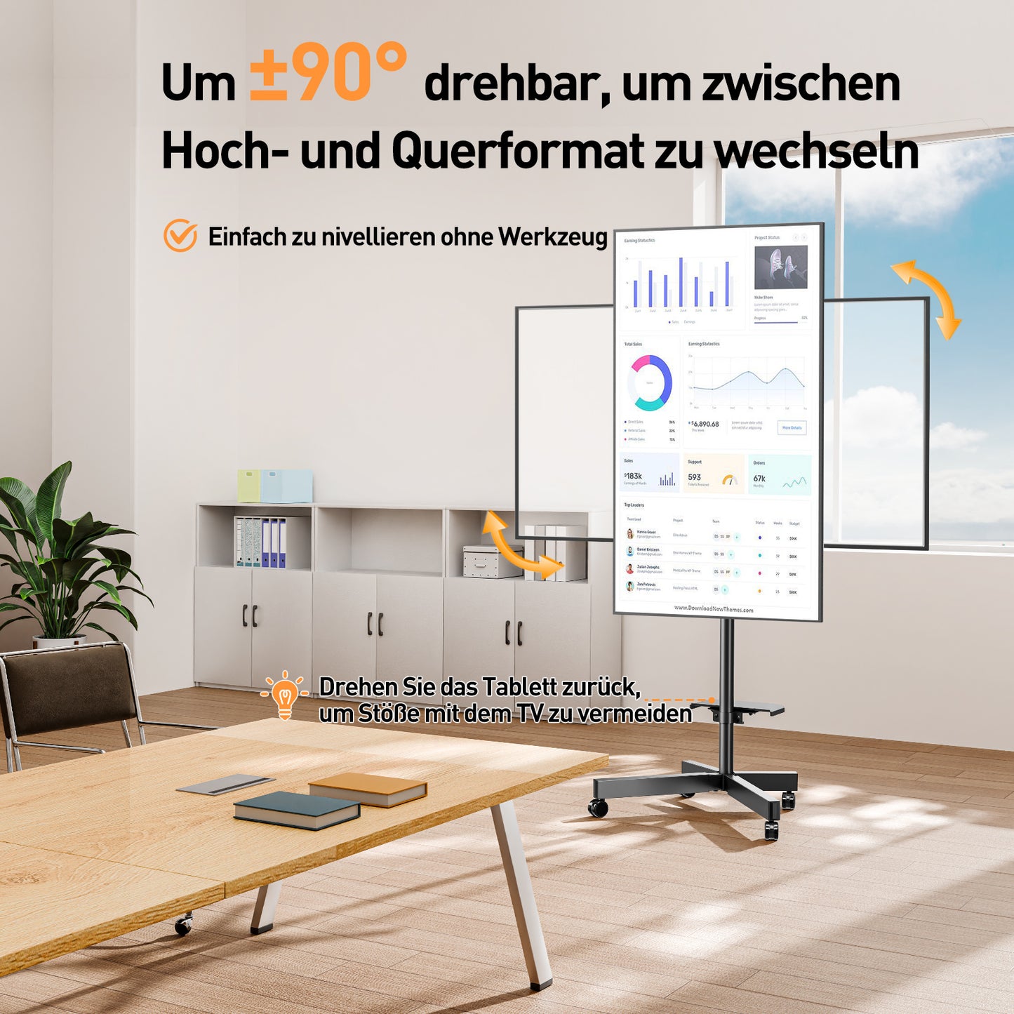 ELIVED TV Ständer Rollbar für 23-60 Zoll Fernseher bis zu 35kg, Max VESA 400x400mm, TV Standfuss mit Rollen Höhenverstellbar 90° Drehung Bodenständer EV2114B