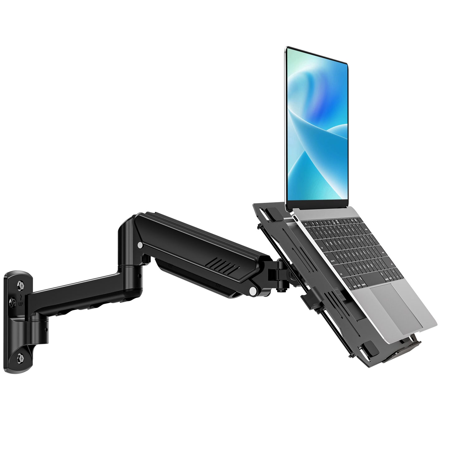 ErgoFocus Laptop Wall Mount, 2-in-1 Monitor Wall Mount with Vented Tray fits Max 17" Notebook or 13-32" Computer Screen, Adjustable Laptop Arm Holds 4.4-22lbs, Gas Spring Laptop Holder Stand