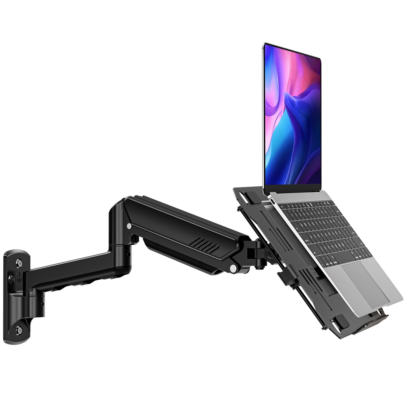 ErgoFocus Laptop Wall Mount, 2-in-1 Monitor Wall Mount with Vented Tray fits Max 17" Notebook or 13-32" Computer Screen, Adjustable Laptop Arm Holds 4.4-22lbs, Gas Spring Laptop Holder Stand