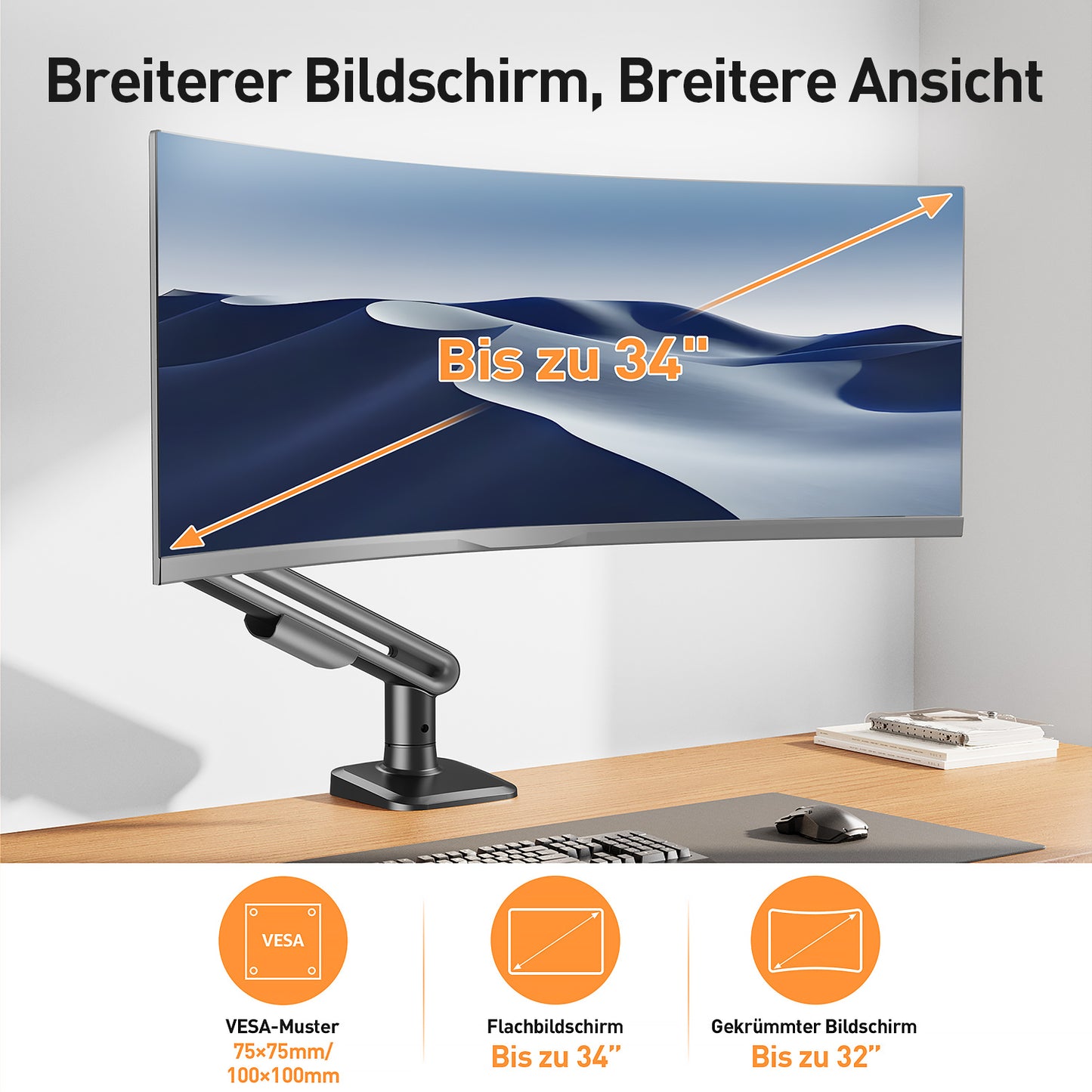 ELIVED Monitor Halterung für 17-34 Zoll Bildschirme, Einzelner Monitorarm hält 2-12 kg Monitor mit VESA 75/100mm, Höhenverstellbar Monitorhalterung mit Neigbar, Schwenkbar, Drehbar, Grau, EV3235B-G