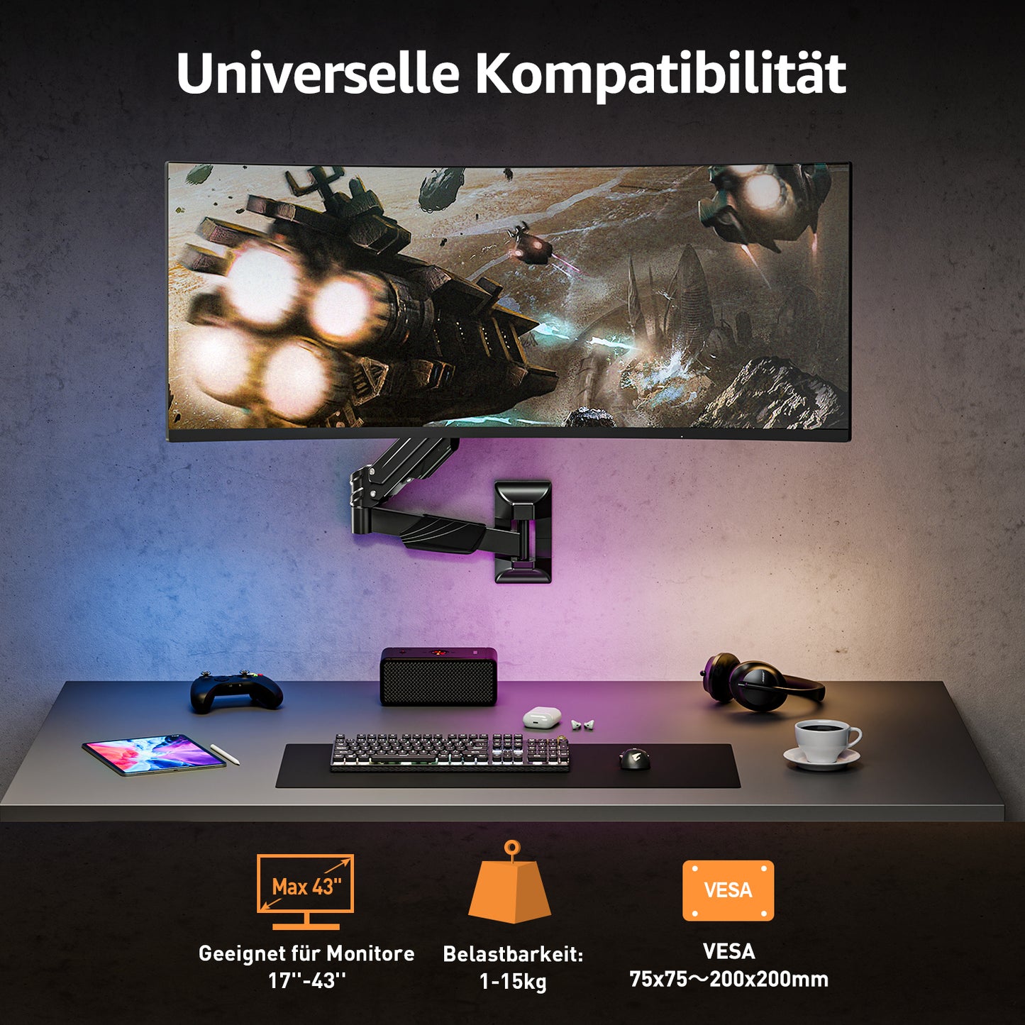 ELIVED Monitor Wandhalterung für Max. 43 Zoll Ultrawide Bildschirme bis zu 15kg, VESA 75/100/200mm, Heavy Duty Monitor Halterung Wand, Höhenverstellbar Gasdruckfeder Monitor arm EV3421B