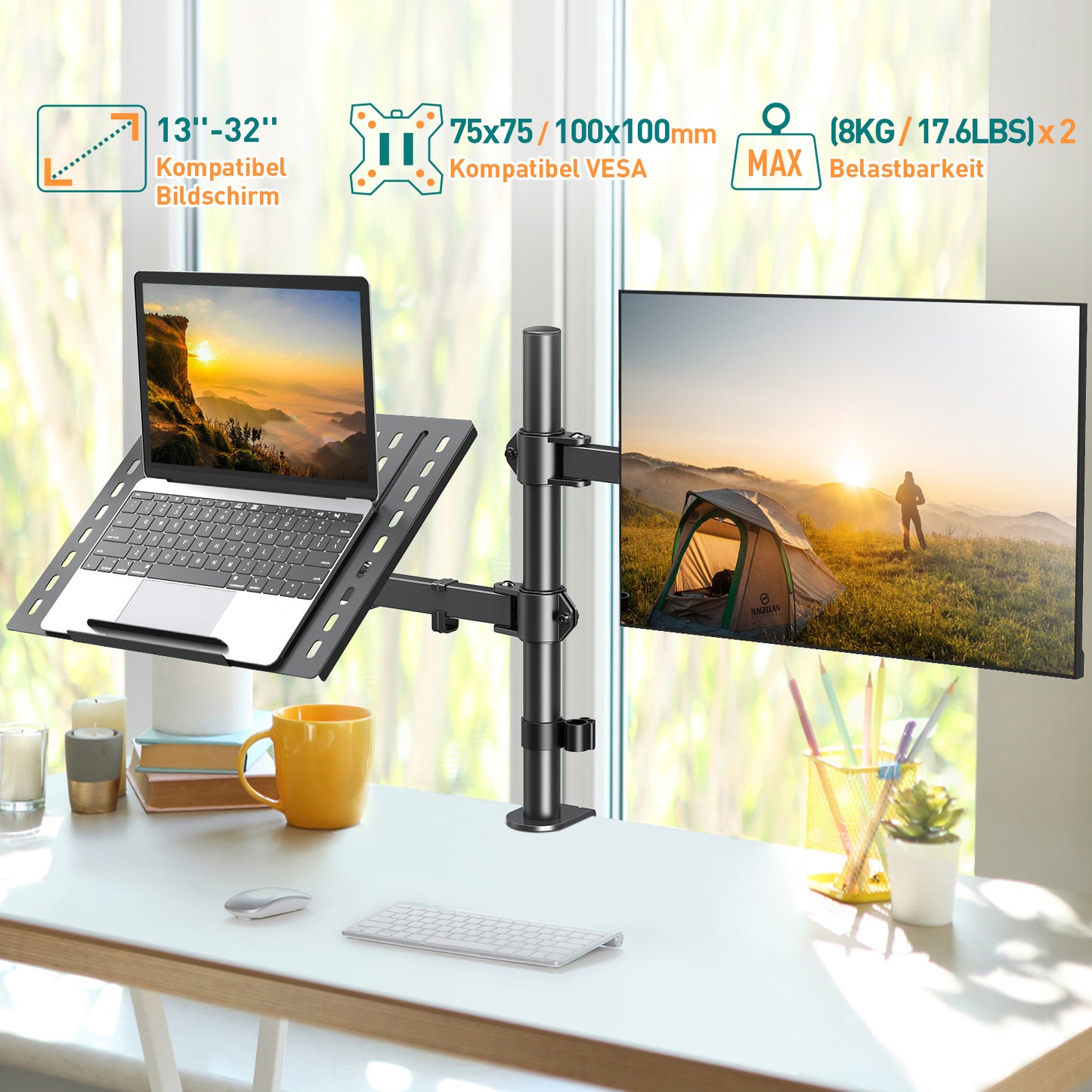 ELIVED Monitor Halterung mit Laptop Arm für die meisten 13-27 Zoll LCD LED Bildschirme und bis zu 15,6 Zoll Notebooks, VESA 75x75-100x100mm, EV024