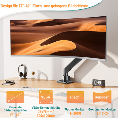 ELIVED Ultrawide Monitor Arm für Max 49 Zoll Bildschirm, Monitor Halterung Für schwerere Monitore 2-20kg mit VESA 75/100mm, Gasfeder Monitorarm mit Neigbar, Schwenkbar, Drehbar, EV3227