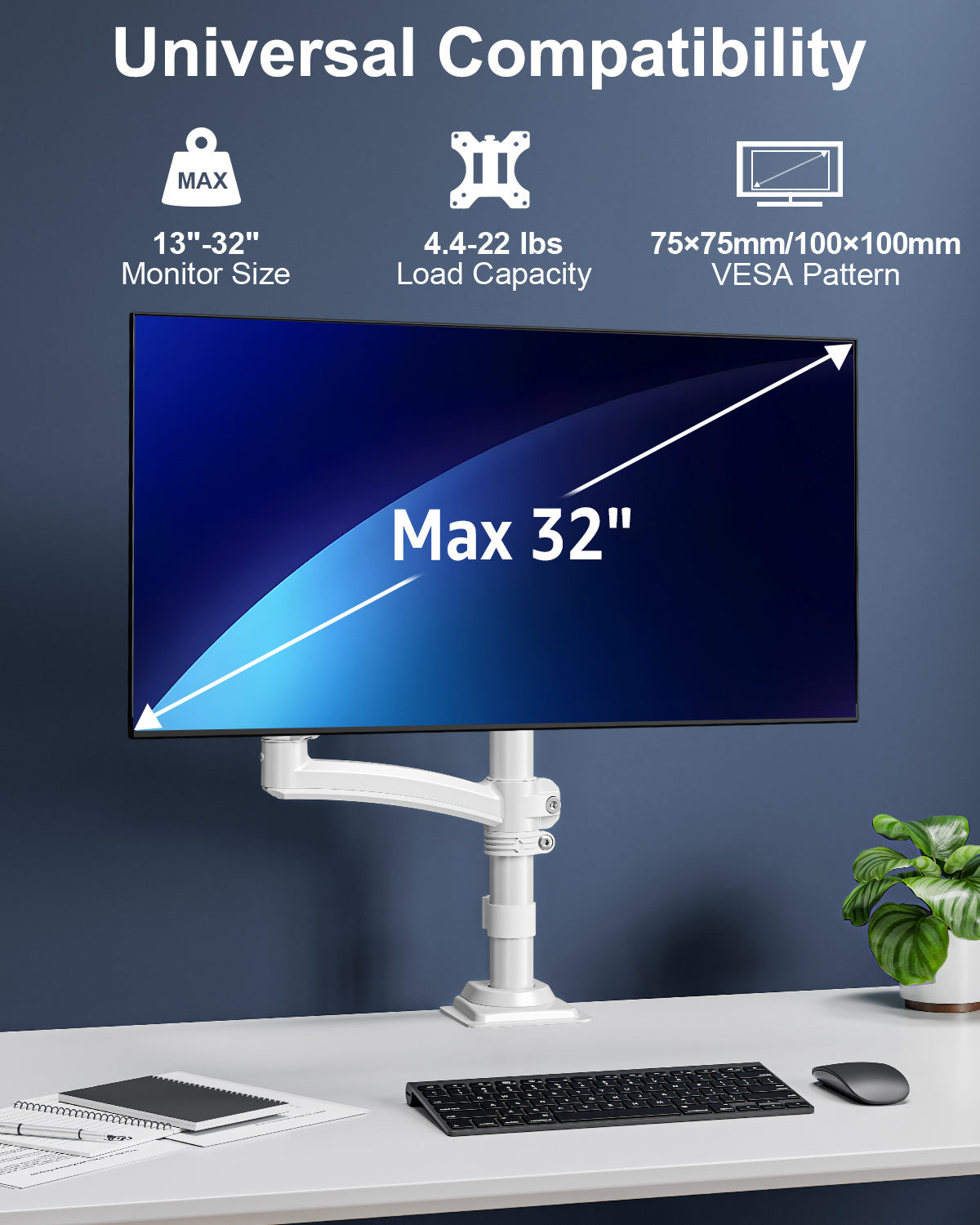 ErgoFocus Single Monitor Mount Holds Max 22lbs, 13-32 inch Monitor Desk Mount, Height Adjustable Tall Monitors Arm, Monitors Stand with Tilt Swivel Rotation, VESA 75 100mm, White, Freelift
