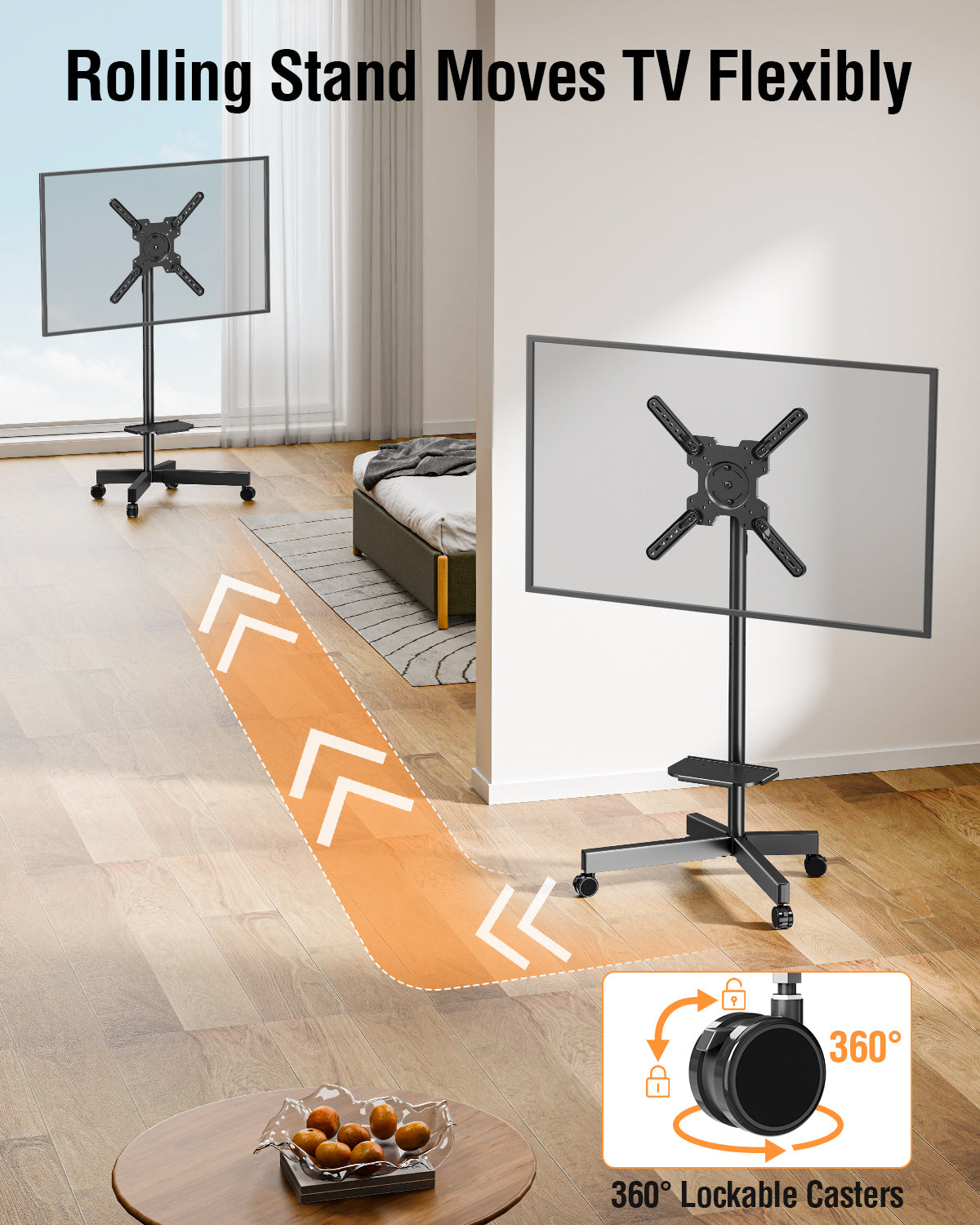 ELIVED Rolling TV Stand for Most 23"-60" TVs, Mobile TV Cart 90° Rotation Landscape to Portrait, Height Adjustable Floor TV Stand with Extendable Base, Max VESA 400x400mm, Up to 77 Lbs, YD2114B