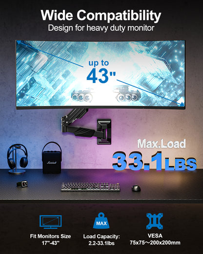 ErgoFocus Monitor Wall Mount for Max 43", Premium Single Wall Monitor Mount Holds up to 33.1lbs Ultrawide Computer Screen, Height Adjustable Full Motion Gas Springcore Vesa Wall Mount, Max 200x200mm