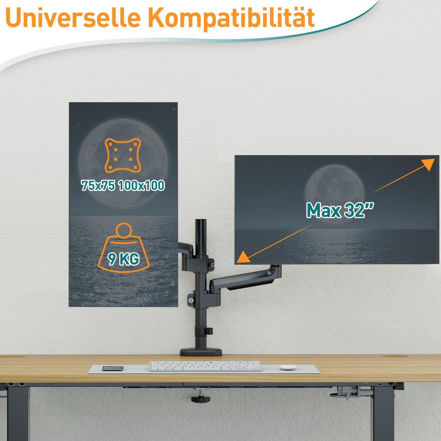 ELIVED Monitor Halterung 2 Monitore für 13-32 Zoll Bildschirme mit VESA 75/100, Gasdruckfeder 2 Monitorhalterung, Drehbar 360°, 9kg/Arm, Höhenverstellbar Monitor Arm EV6032