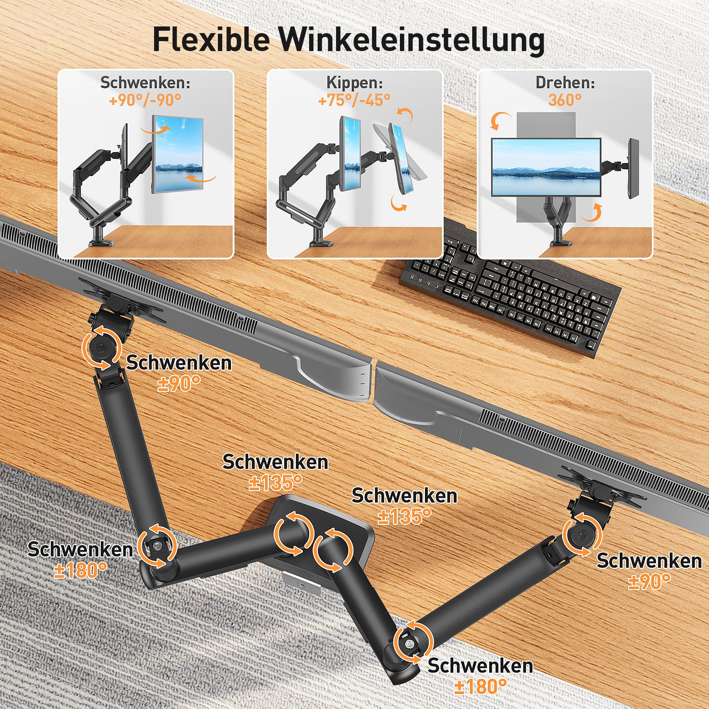 ELIVED Monitor Halterung 2 Monitore für 17-34 Zoll Bildschirme, Bildschirmhalterung 2 Monitore hält 2-12 kg Monitore mit VESA 75/100mm, Höhenverstellbar Monitorhalterung mit Drehbar, Grau, EV3236B-G