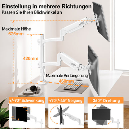 ELIVED Monitor Halterung 2 Monitore für 13-32" Bildschirme, Monitor Arm hält 2-10 kg Monitor mit VESA 75/100mm, Höhenverstellbare Dual Monitorarm mit Neigbar, Schwenkbar, Drehbar, Weiß, EV6034W