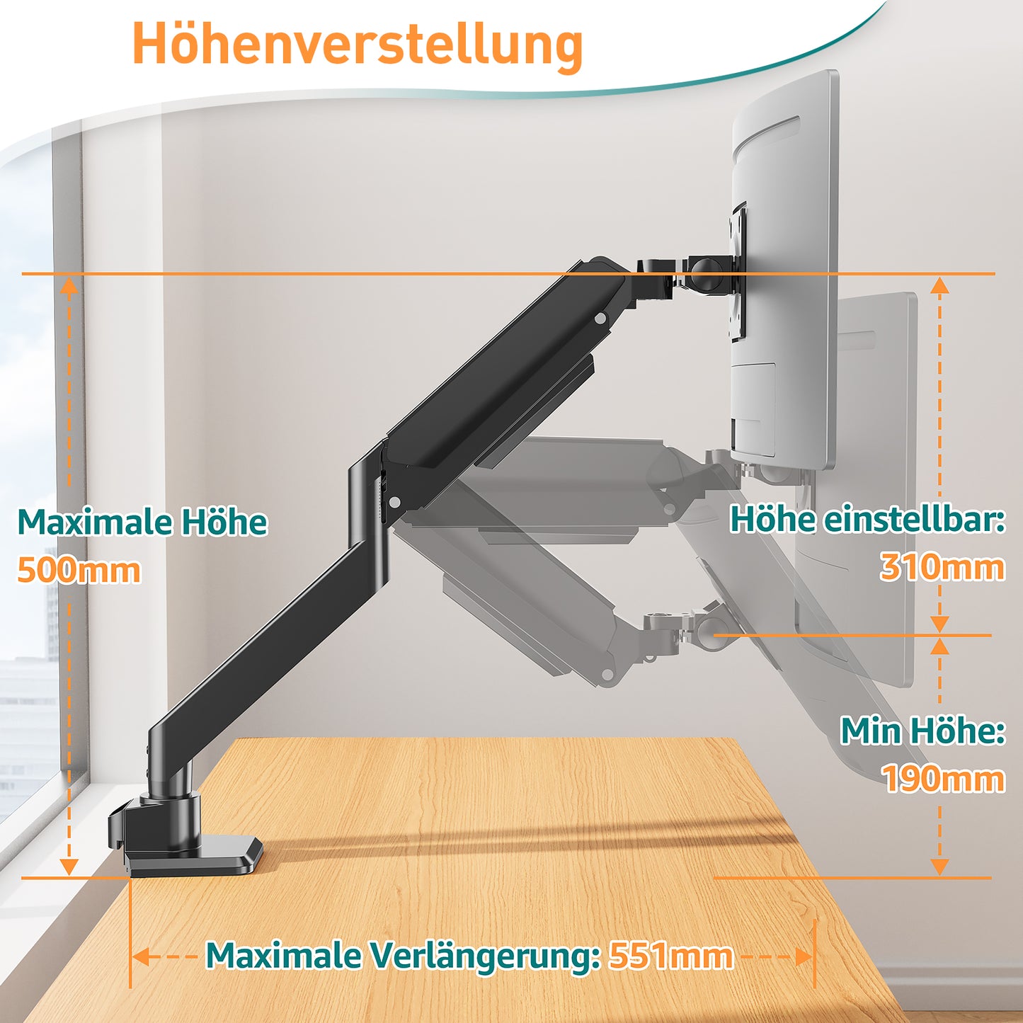 ELIVED Ultrawide Monitor Arm für Max 49 Zoll Bildschirm, Monitor Halterung Für schwerere Monitore 2-20kg mit VESA 75/100mm, Gasfeder Monitorarm mit Neigbar, Schwenkbar, Drehbar, EV3227