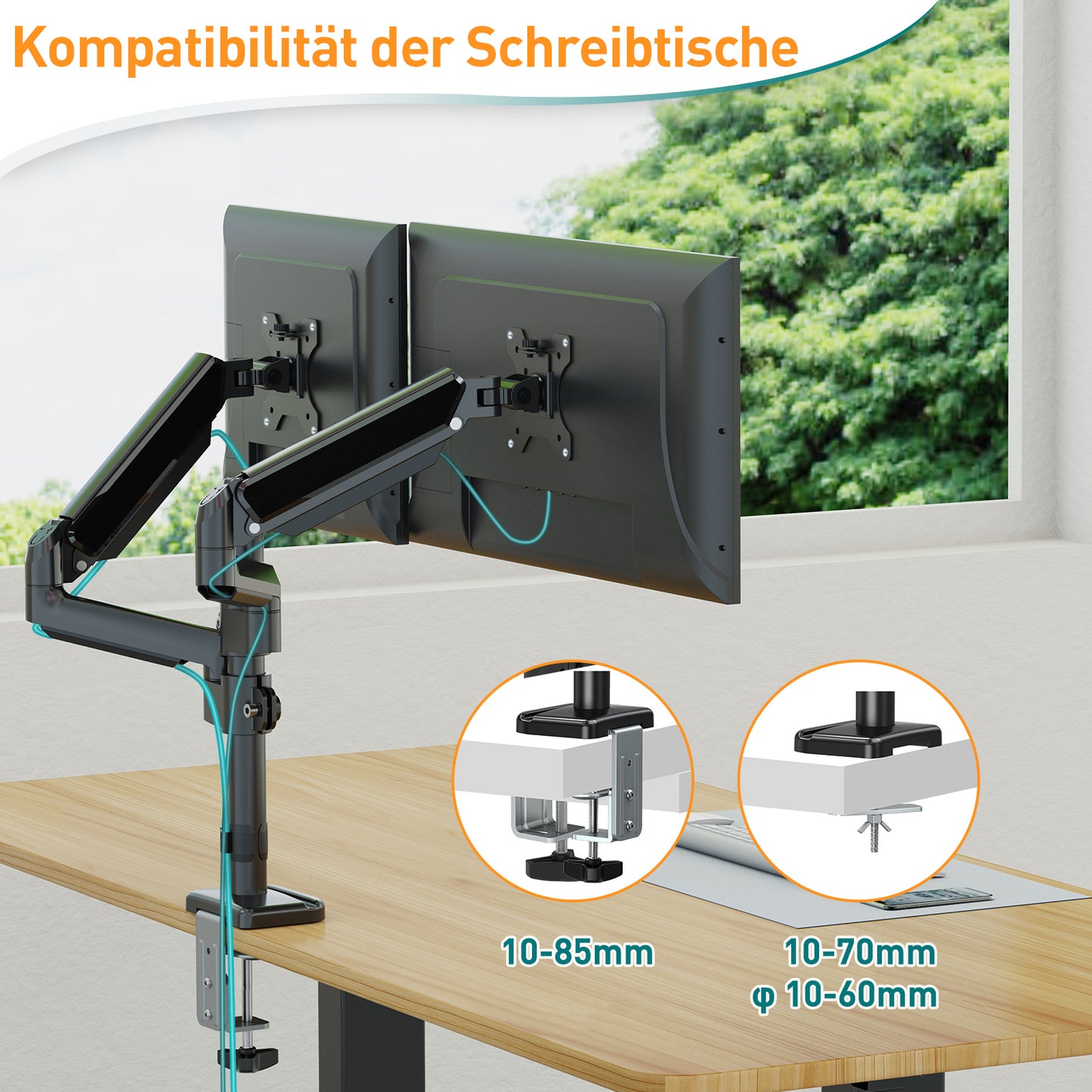 ELIVED Monitor Halterung 2 Monitore für 13-32 Zoll Bildschirme mit VESA 75/100, Gasdruckfeder 2 Monitorhalterung, Drehbar 360°, 9kg/Arm, Höhenverstellbar Monitor Arm EV6032