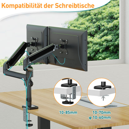 ELIVED Monitor Halterung 2 Monitore für 13-32 Zoll Bildschirme mit VESA 75/100, Gasdruckfeder 2 Monitorhalterung, Drehbar 360°, 9kg/Arm, Höhenverstellbar Monitor Arm EV6032