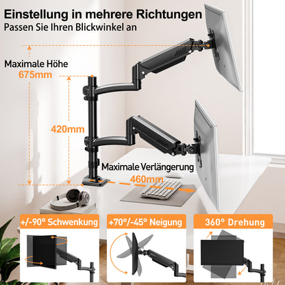 ELIVED Monitor Halterung 2 Monitore für 13-32" Bildschirme, Monitor Arm hält 2-10 kg Monitor mit VESA 75/100mm, Höhenverstellbare Dual Monitorarm mit Neigbar, Schwenkbar, Drehbar, EV6034B