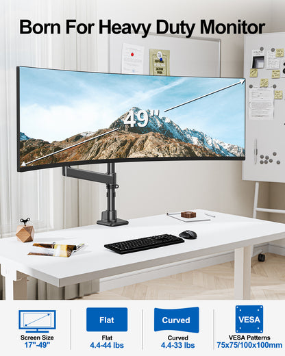ErgoFocus  Heavy Duty Single Monitor Mount for Max 49 inch, Hold 4.4 to 44 lbs Ultrawide Screens, Premium Monitor Arm for Samsung Odyssey G9 and More, Adjustable Gas Spring Desk Stand, VESA Mount