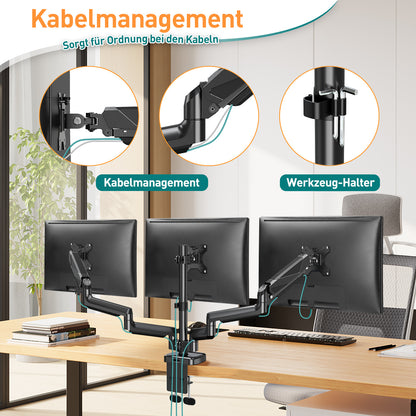 ELIVED Monitor Halterung 3 Monitore für 13-27 Zoll Bildschirme bis zu 9kg mit VESA 75/100, Gasdruckfeder 3 Monitorhalterung, Neigbar Schwenkbar Drehbar Höhenverstellbar Monitor Arm EV006