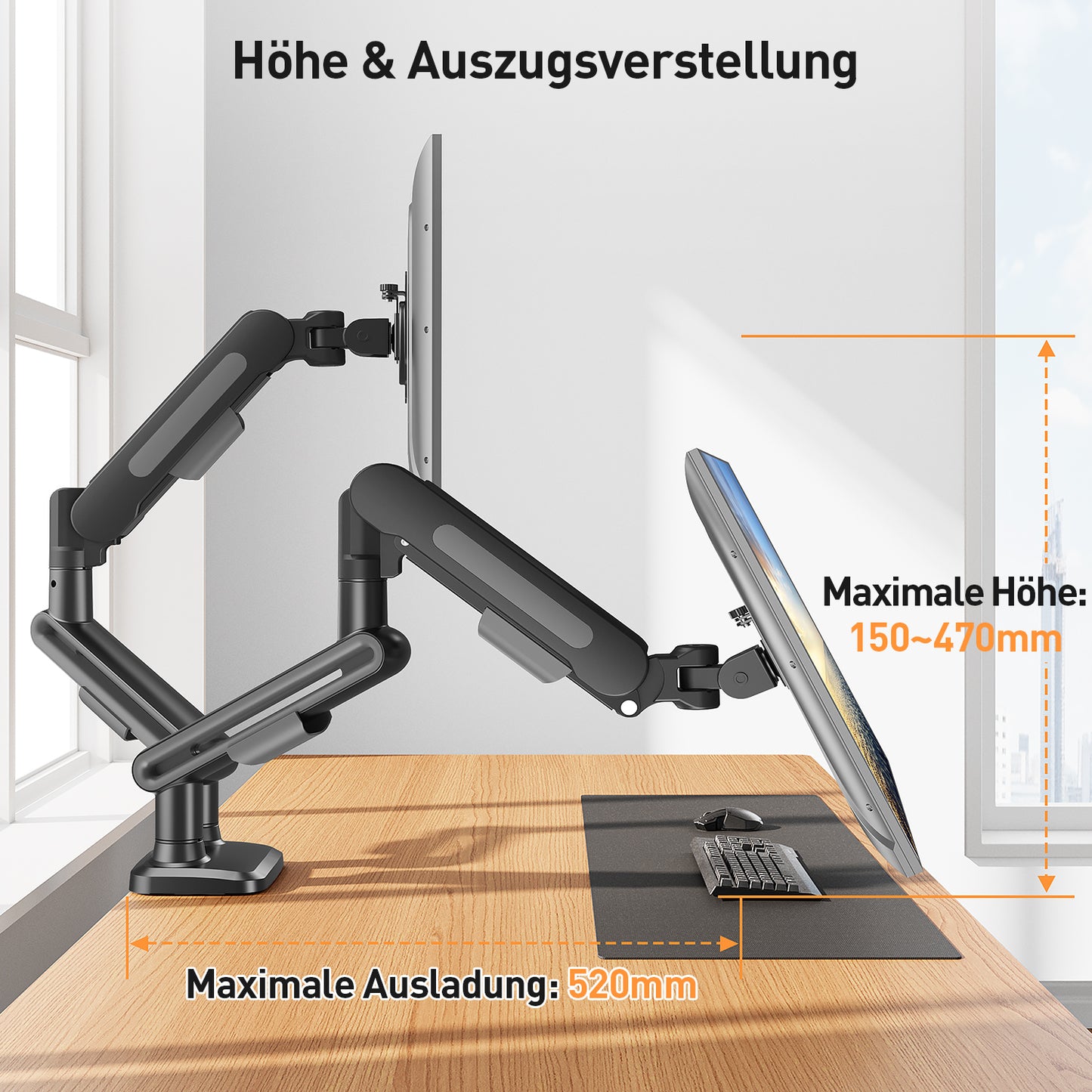 ELIVED Monitor Halterung 2 Monitore für 17-34 Zoll Bildschirme, Bildschirmhalterung 2 Monitore hält 2-12 kg Monitore mit VESA 75/100mm, Höhenverstellbar Monitorhalterung mit Drehbar, Grau, EV3236B-G