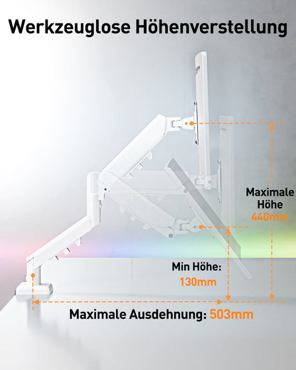 ELIVED Monitor Halterung für 13"-32" Monitor, Monitorhalterung Ideal für 2-9 kg Gaming PC Bildschirme mit VESA 75/100 mm, Gasfeder Monitor Arm mit Neigbar, Schwenkbar, Drehbar, Weiß, EV6013W-DE