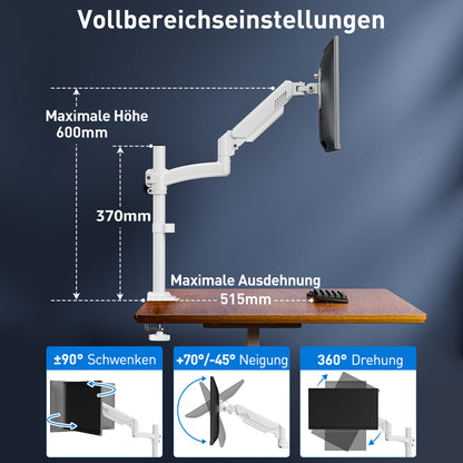ELIVED Monitor Halterung für 13-32" Bildschirme, Gasfeder Monitor Arm hält 2-10 kg Monitor mit VESA 75/100mm, Höhenverstellbare Einarmig Monitorarm mit Neigbar, Schwenkbar, Drehbar, Weiß, EV6033W