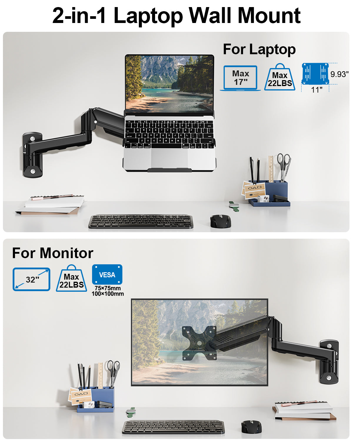 ErgoFocus Laptop Wall Mount, 2-in-1 Monitor Wall Mount with Vented Tray fits Max 17" Notebook or 13-32" Computer Screen, Adjustable Laptop Arm Holds 4.4-22lbs, Gas Spring Laptop Holder Stand