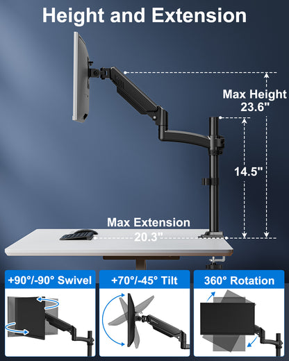 ErgoFocus Single Monitor Mount Holds Max 22lbs, 13-32 inch Monitor Desk Mount, Height Adjustable Tall Monitors Arm, Monitors Stand with Tilt Swivel Rotation, VESA 75 100mm, Black, Freelift