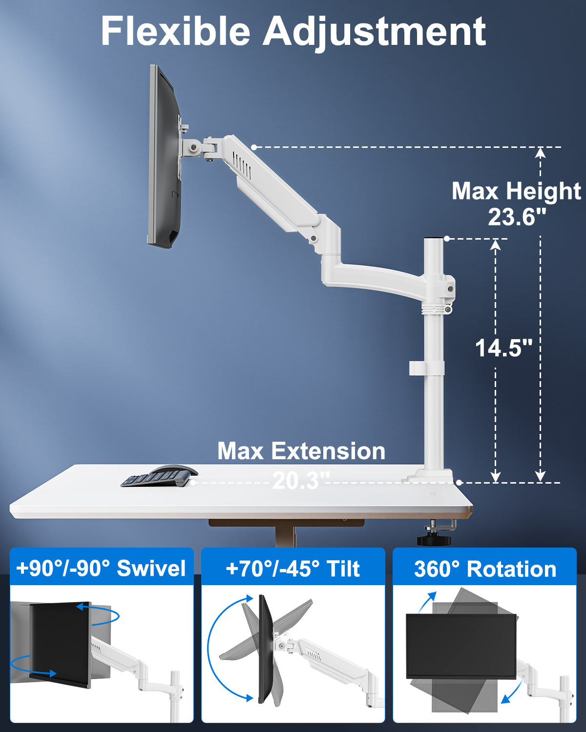 ErgoFocus Single Monitor Mount Holds Max 22lbs, 13-32 inch Monitor Desk Mount, Height Adjustable Tall Monitors Arm, Monitors Stand with Tilt Swivel Rotation, VESA 75 100mm, White, Freelift