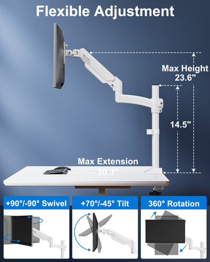 ErgoFocus Single Monitor Mount Holds Max 22lbs, 13-32 inch Monitor Desk Mount, Height Adjustable Tall Monitors Arm, Monitors Stand with Tilt Swivel Rotation, VESA 75 100mm, White, Freelift