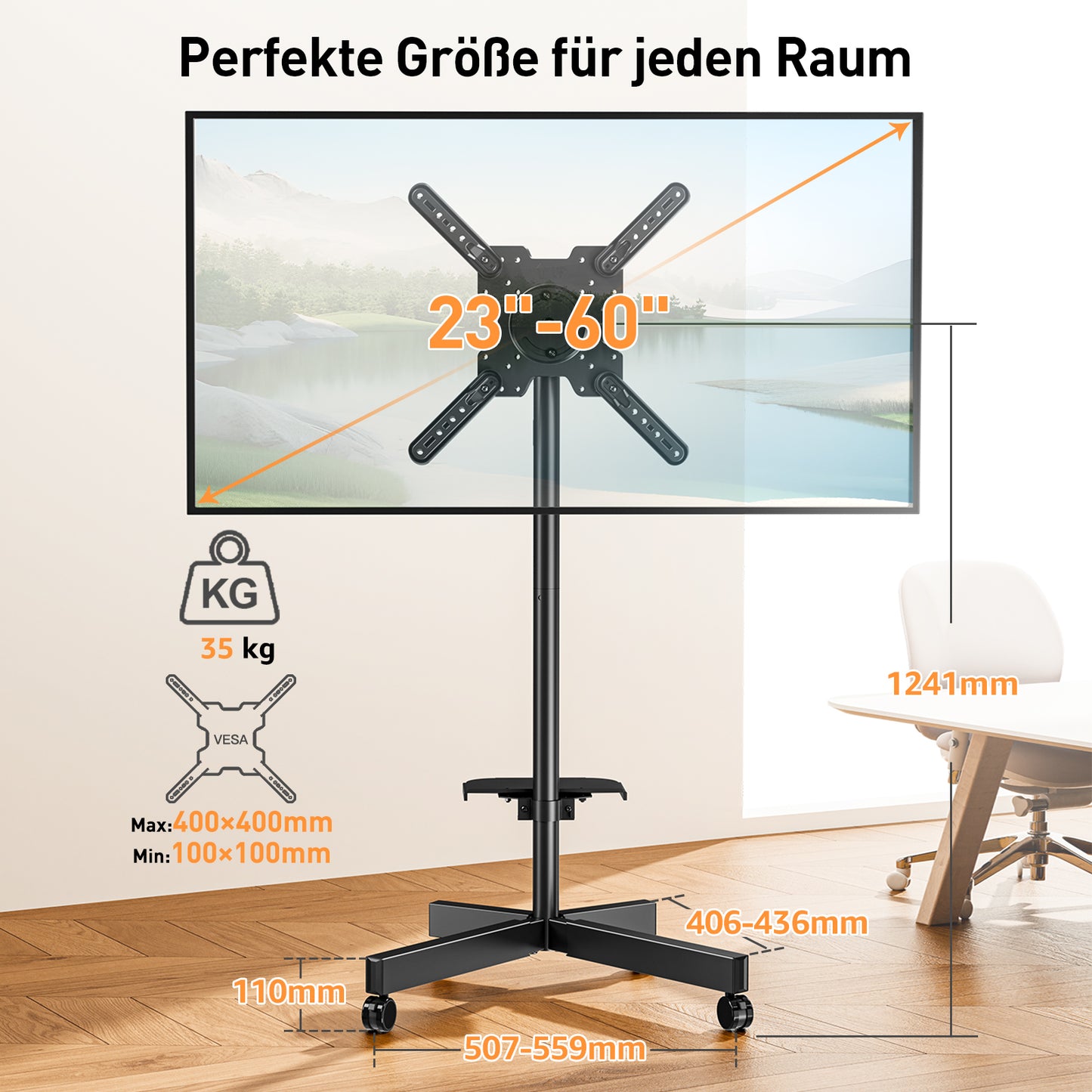 ELIVED TV Ständer Rollbar für 23-60 Zoll Fernseher bis zu 35kg, Max VESA 400x400mm, TV Standfuss mit Rollen Höhenverstellbar 90° Drehung Bodenständer EV2114B