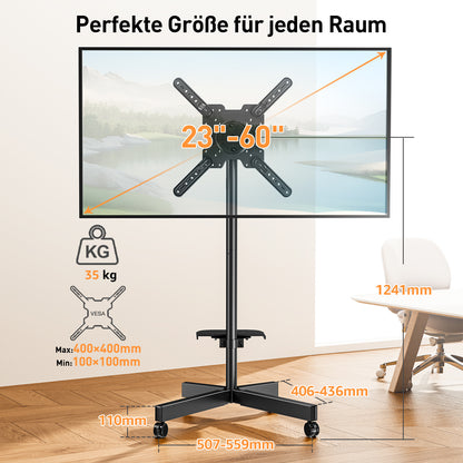 ELIVED TV Ständer Rollbar für 23-60 Zoll Fernseher bis zu 35kg, Max VESA 400x400mm, TV Standfuss mit Rollen Höhenverstellbar 90° Drehung Bodenständer EV2114B