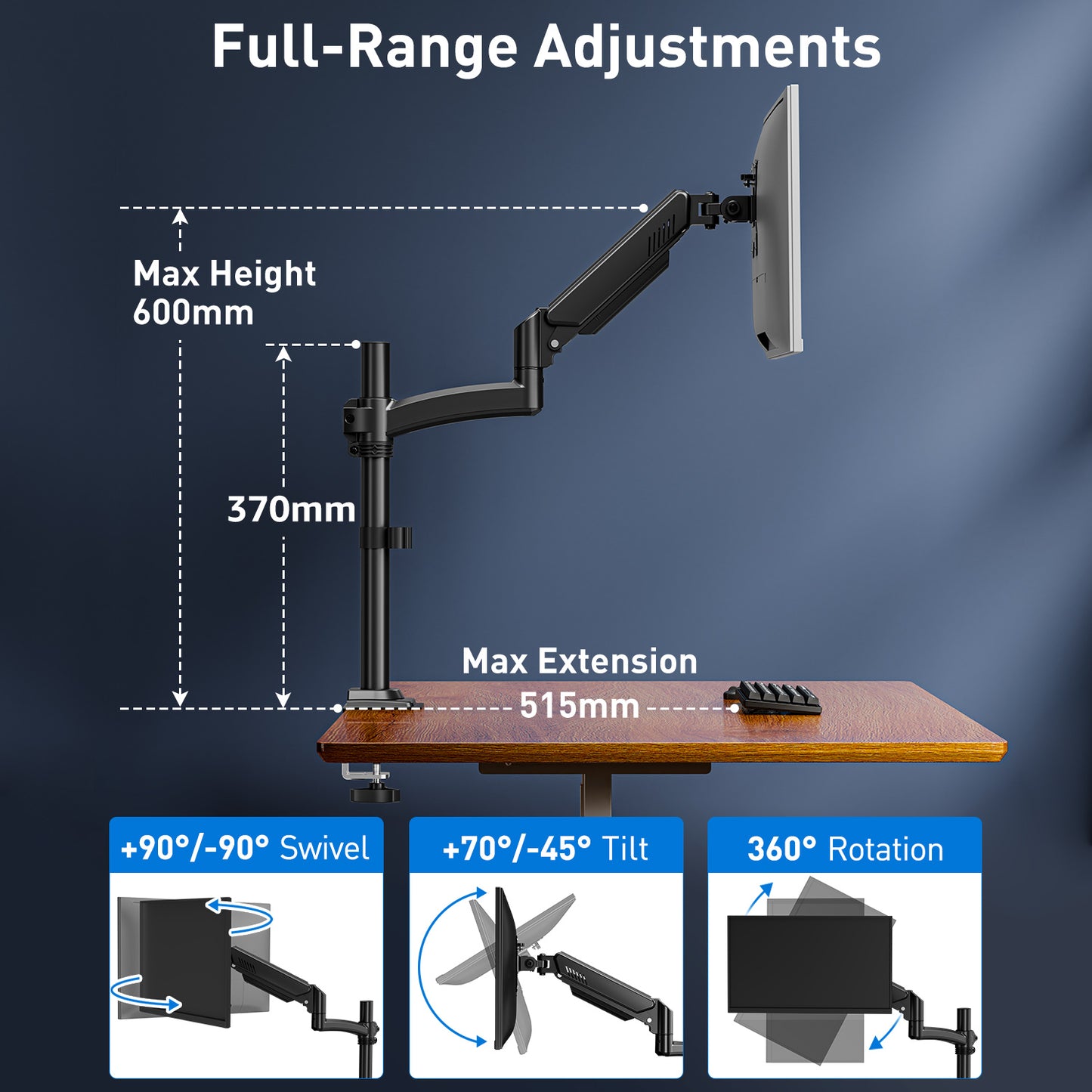 ELIVED Taller Monitor Stand Long Arms for 13-32 inch Screens, Height Adjustable, VESA 75/100mm, Single Monitor Arm Desk Mount with Tilt Swivel Rotation, Up to 10KG, Black, EV6033B