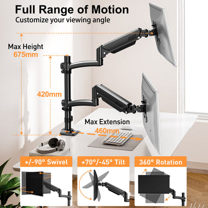 ELIVED Taller Dual Monitor Stand Long Arms for 13-32 inch Screens, Height Adjustable, VESA 75/100mm, Monitor Arm Desk Mount with Tilt Swivel Rotation, Up to 10KG, Black, EV6034B