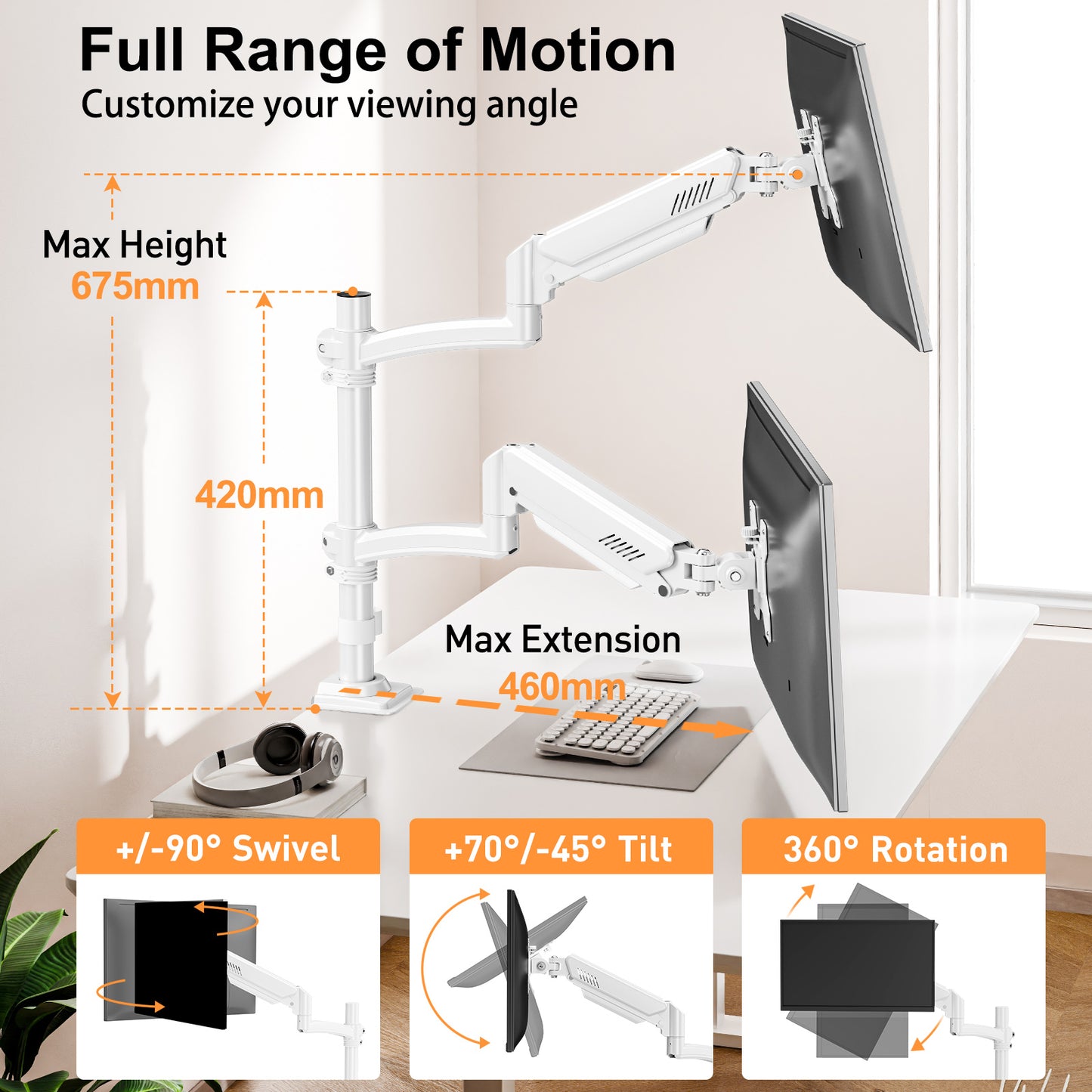ELIVED Taller Dual Monitor Stand Long Arms for 13-32 inch Screens, Height Adjustable, VESA 75/100mm, Monitor Arm Desk Mount with Tilt Swivel Rotation, Up to 10KG, White, EV6034W