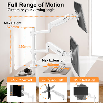 ELIVED Taller Dual Monitor Stand Long Arms for 13-32 inch Screens, Height Adjustable, VESA 75/100mm, Monitor Arm Desk Mount with Tilt Swivel Rotation, Up to 10KG, White, EV6034W