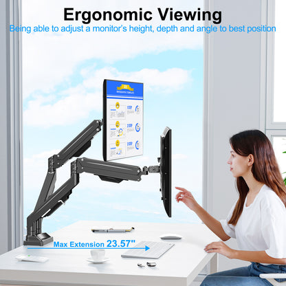 ErgoFocus Dual Monitor Mount for Screens up to 43", Heavy Duty Ultrawide Dual Monitor Arm Holds 2.2-33lbs Each, Premium Gas Spring Adjustable Computer Monitor Stand for 2 Monitors, VESA Desk Mount